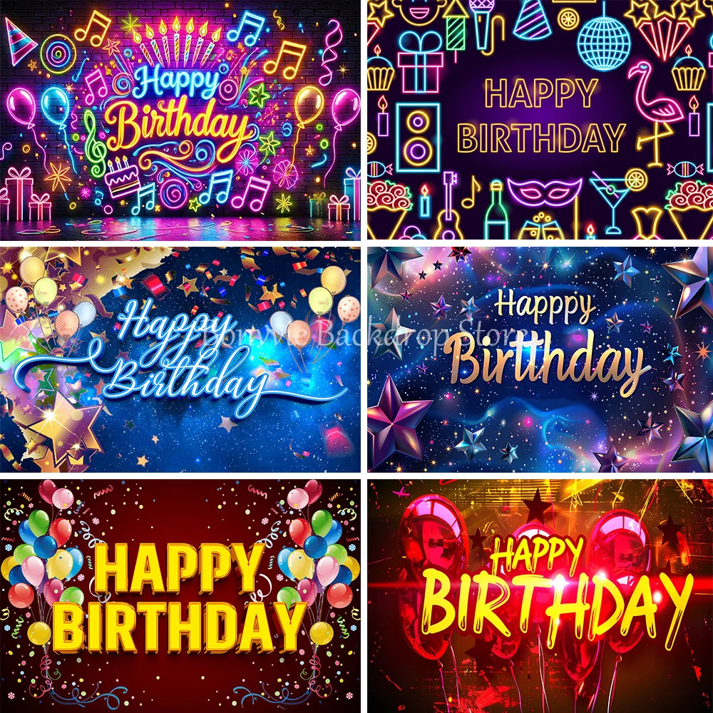 

Bonvvie Happy Birthday Background Neon Glow Colorful Lighting Effect Family Party Decoration Posters Banner Photography Backdrop