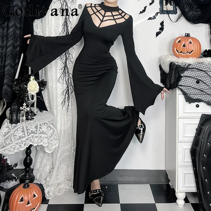 

Temperament Halloween Dark Style Sexy Bat Sleeve Slim Cos Dress Spring and Autumn New Round Neck Hollow Fishtail Long Dresses
