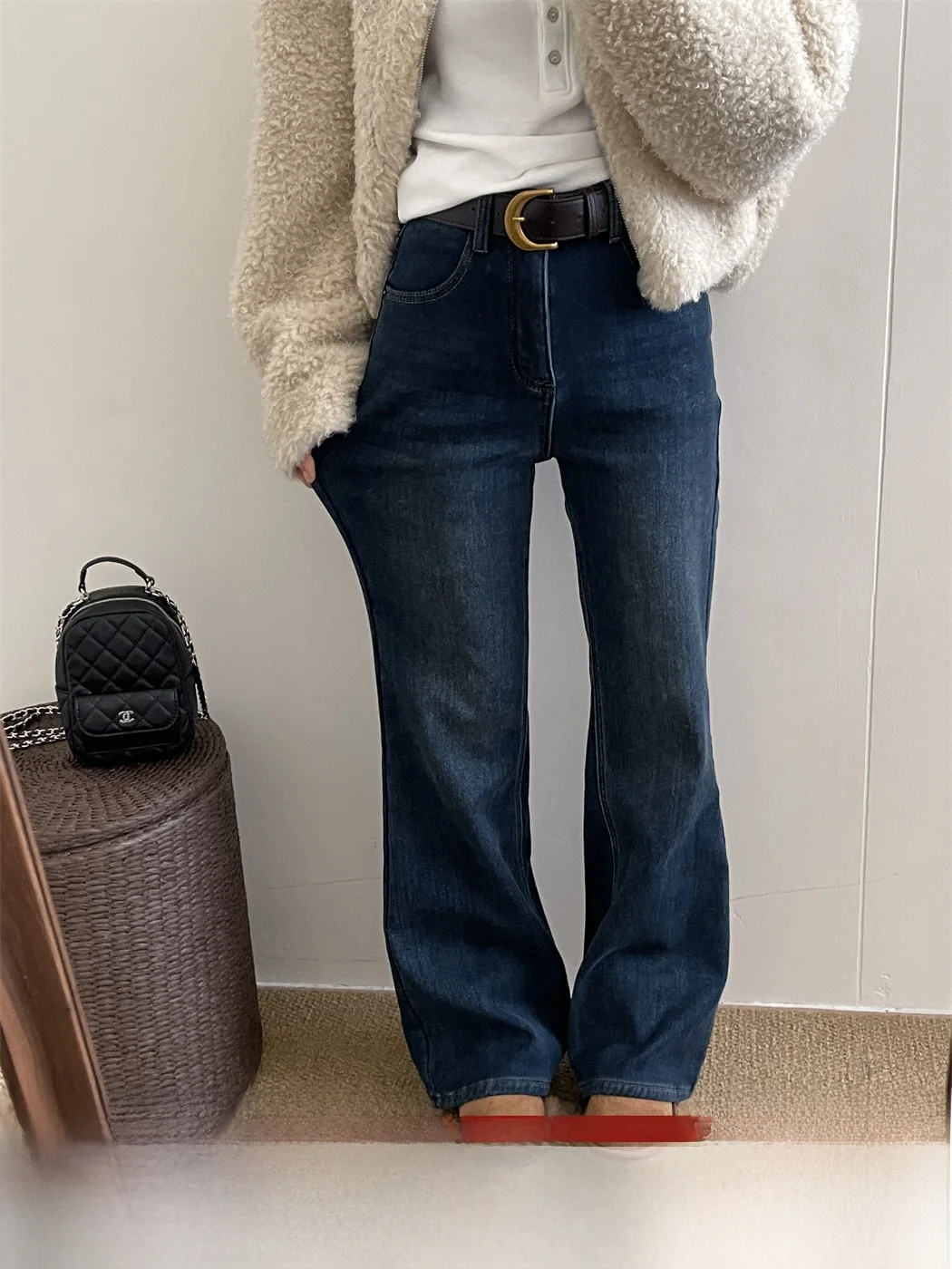 

Женские зимние джинсы-клеш в стиле ретро, новые, утепленные, прямые, в пол, из хлопка, с высокой талией