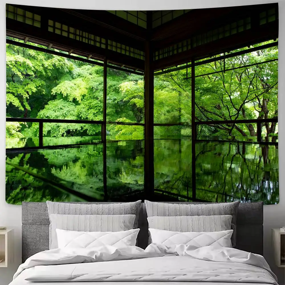 Japanese Garden Tapestry, Traditional Wooden House Window Green Maple Forest Reflection Zen Nature Landscape Wall Decor