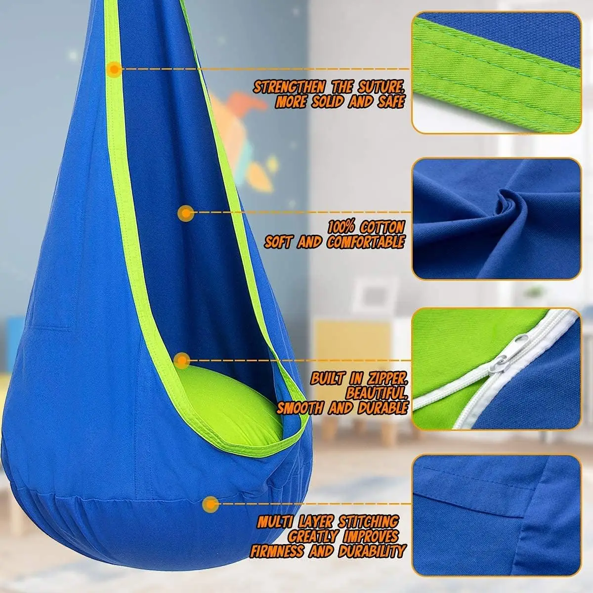 Kids Pod Swing Seat, Hanging Hammock Chair with Inflatable Pillow, Sensory Swing Chair with Pocket for Outdoor and Indoor