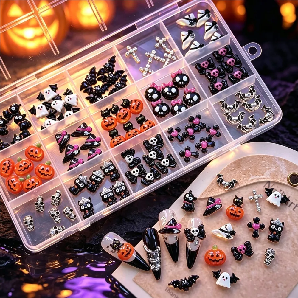 15grid/90pcs 3D Cute Halloween Pumpkin/Skull/Ghost/Cross Nail Gems Black Cat Bow Bat Nail Charms Resin Flatback Halloween Nails view 2