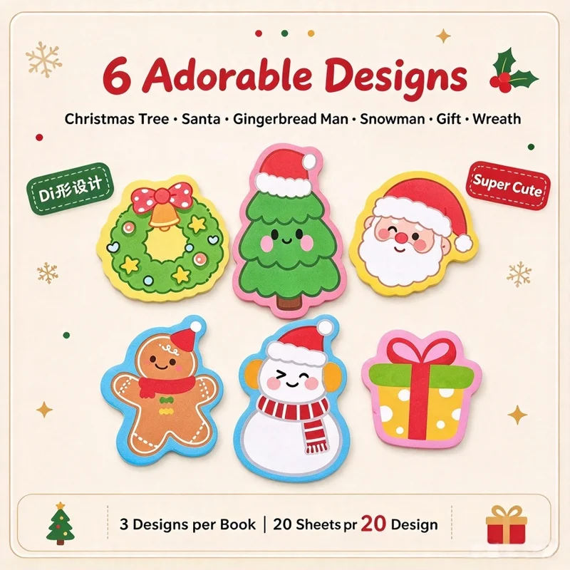 Cute Christmas Shaped Sticky Notes 3 Styles Per Book 20 Sheets Each Holiday Memo Pads for Students Journal Decor