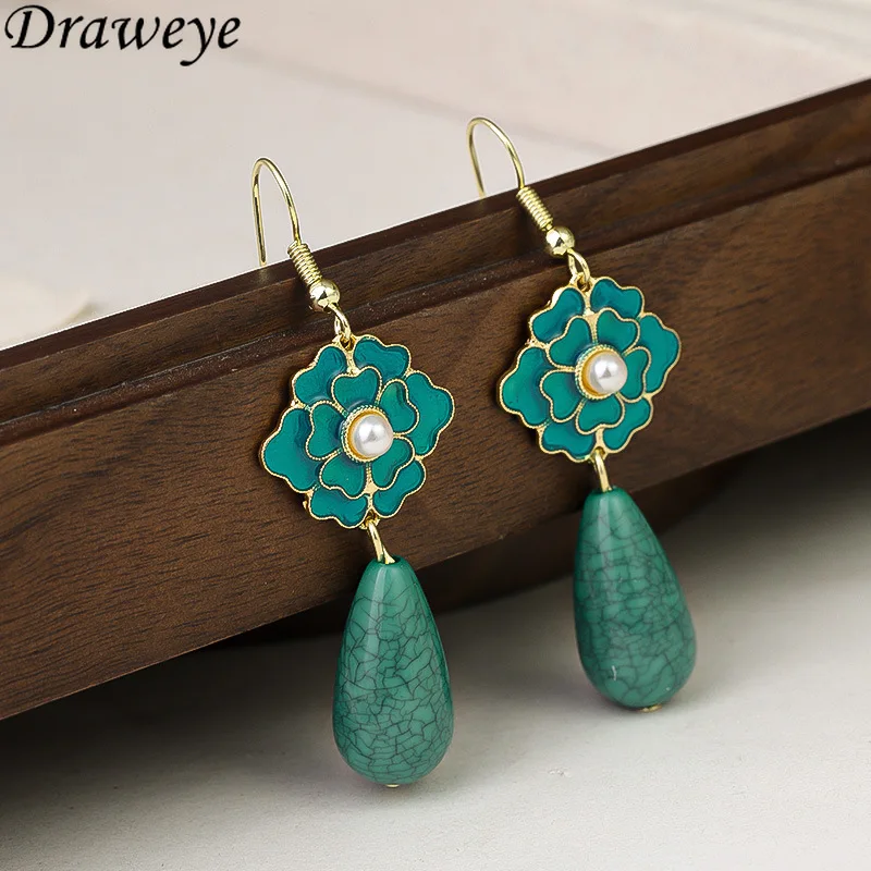 Draweye Flowers Dangles Earrings for Women Chinese Style Vintage Sweet Jewelry Fashion Elegant Green Pendientes Mujer