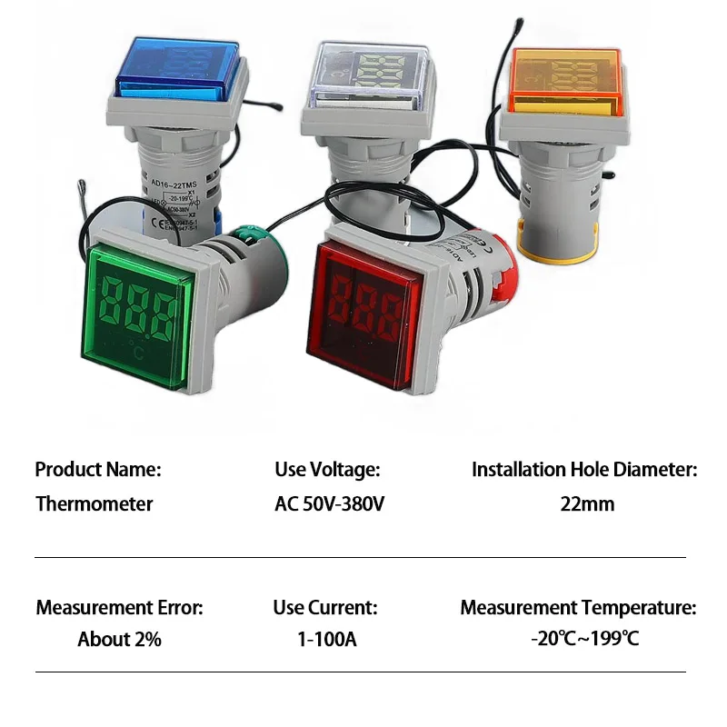 22mm AC50-380V 100A LED Digital Voltmeter Ammeter Thermometer Signal Voltage Current Indicator Light Tester Detector Lamp Pilot