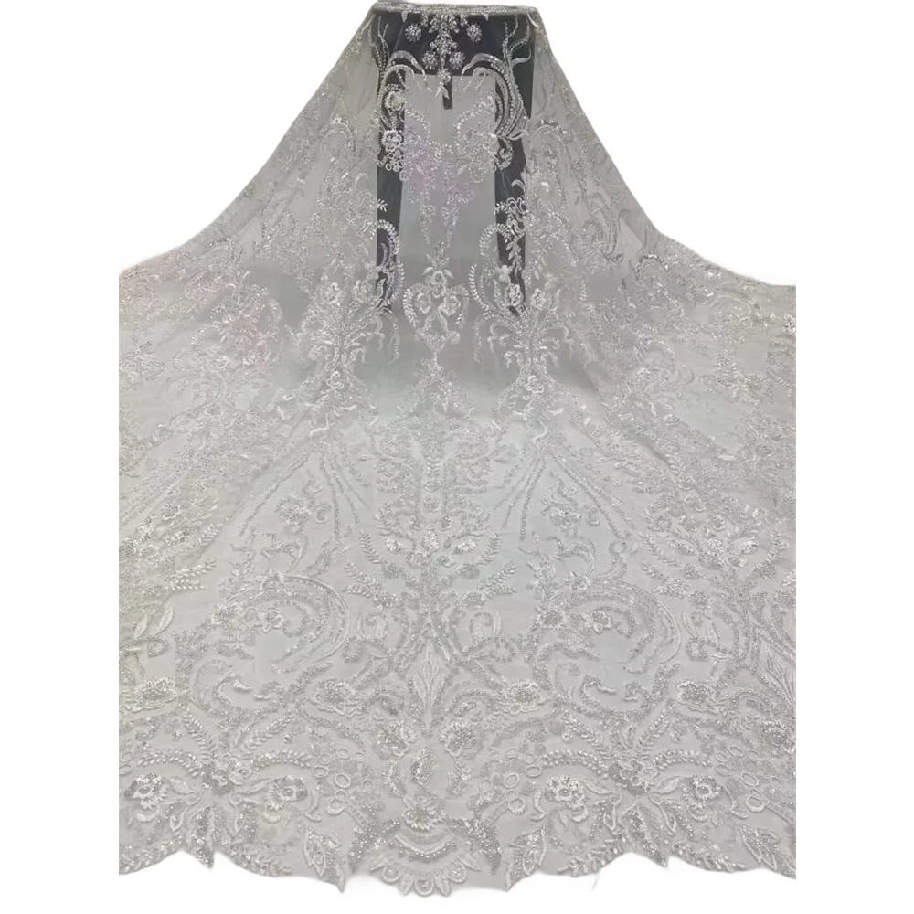 

French Net Tulle Lace Fabric with Sequins and Beads, African Nigerian Mesh, High Quality, SYJ-1302918
