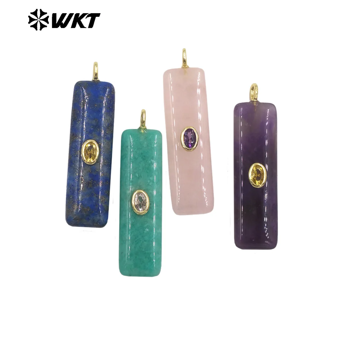 WT-P2019 New Arrival Colored Geometric Rectangle Gemstone And Zircon Paved Long Pendants Charms Accessory Making