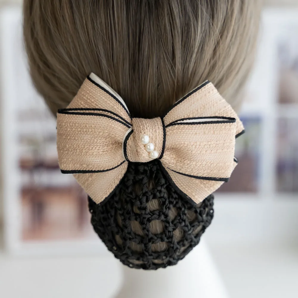 High Quality Hair Net Bun Double Bow Flight Attendant Hair Clips Mesh Headwear Accessories Designer Hair Barrettes For Women