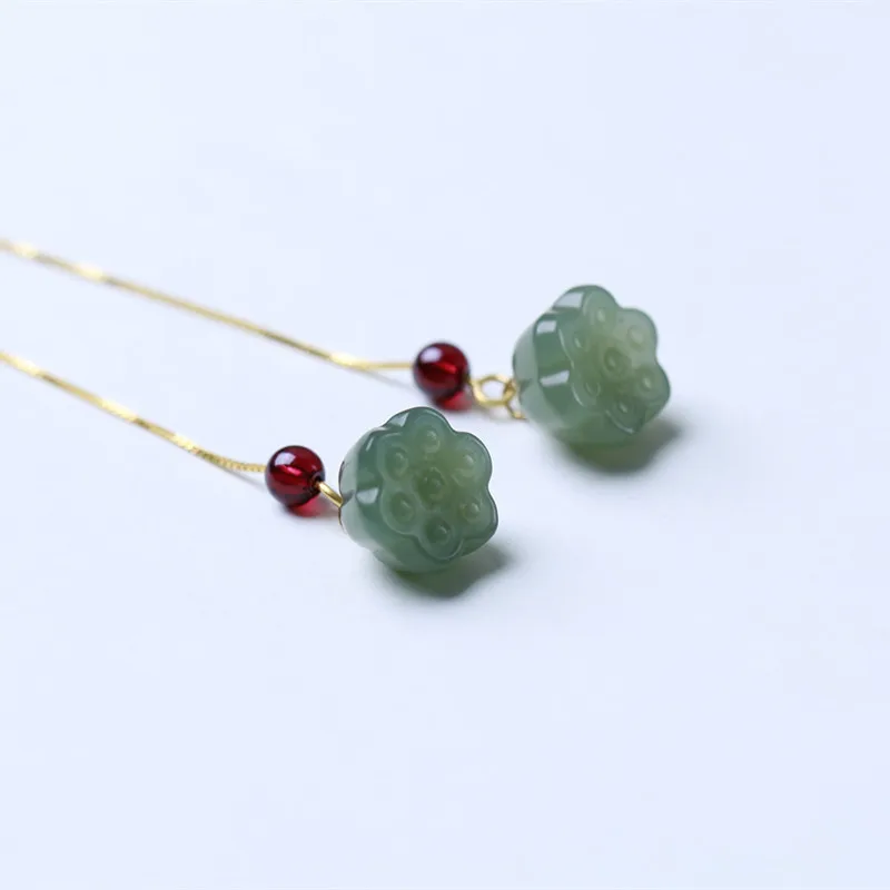 Natural Hetian Jade Small Lotus Pod Ear Threads Pendants Earrings Jewelry with Wine Red Garnet Crystal Beads Gifts view 3