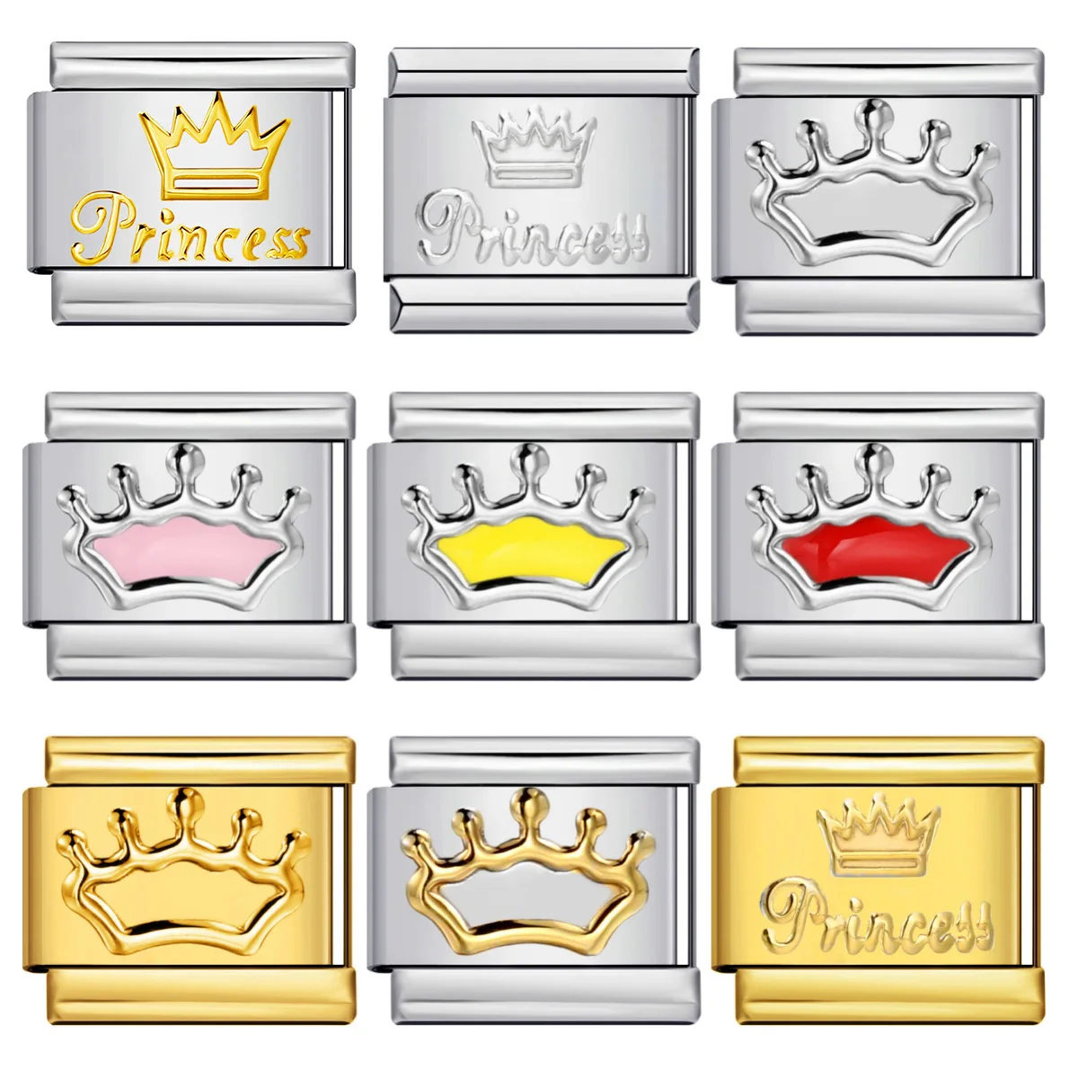 Einfache, farbenfrohe italienische Charm-Verbindungsperlen in Kronenform, passend für 9-mm-Edelstahlarmbänder, zum Selbermachen, modischer Schmuck für Damen und Herren. – Detail 1