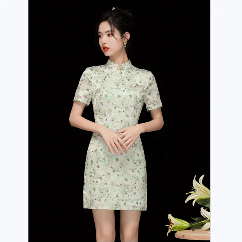 

Summer Vintage Dress Young Girl Chinese Style Stand Collar Short Sleeve Slim Elegant Light green Printed Improved Cheongsam Mini