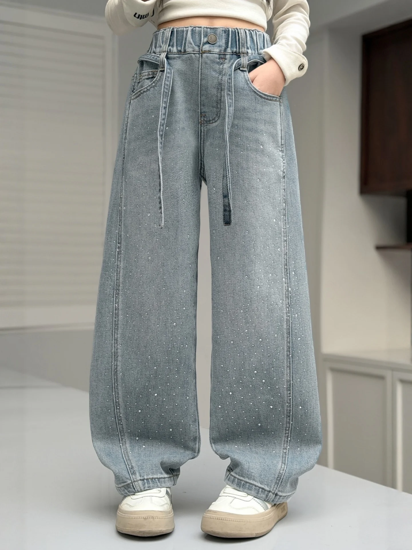 

Thickened Fleece Casual Jeans for Girls Autumn Winter Outerwear Straight Leg Pants Children's Clothing Trendy Knife- Pants
