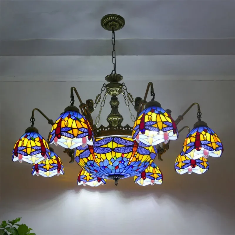 KERWIN Tiffany European Living Room PendantLamp Vintage Creative Color Glass restaurant Bedroom Hotel Villa Chandelier Specifica