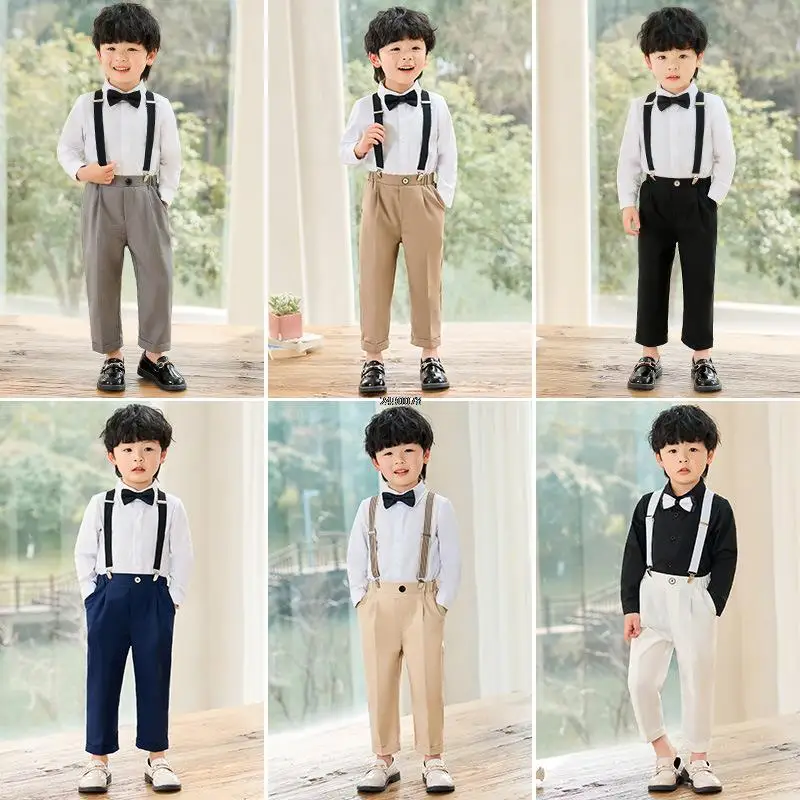 

School Kids Summer Photograph Dress Children Formal Strap Shirt Short Bowtie Clothing Set Boys Piano Performance Dance Costume