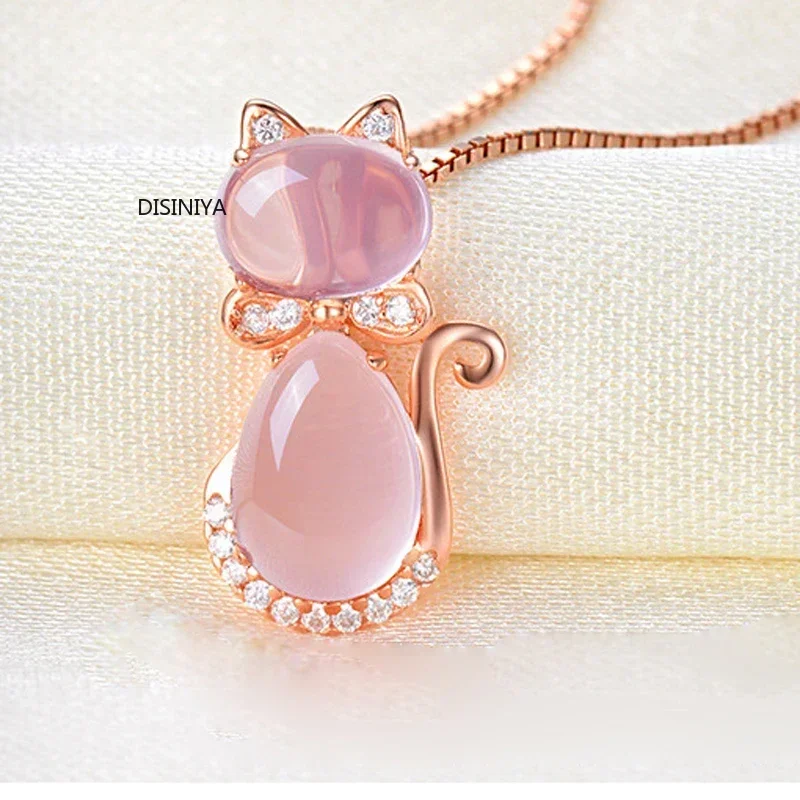 New Arrival Cute Rose Pink Opal Kitty Cat Pendant Necklace for Women Girls Children Gift Lovely Quartz Romantic Wedding Jewelry