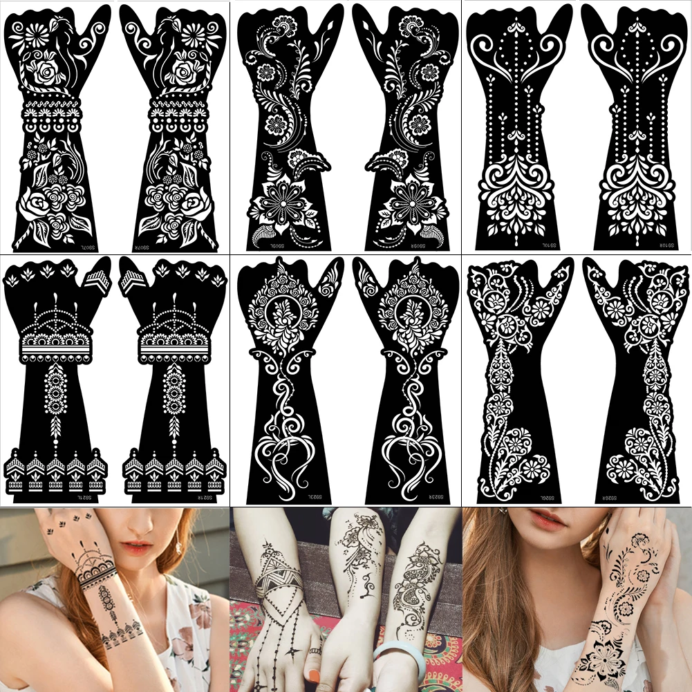 12sheet/Lot S9 Large Hand Henna Tattoo Stencils Kit, Flower Airbrush Mehndi Indian Tattoo Templates Stencil for Hand Paint