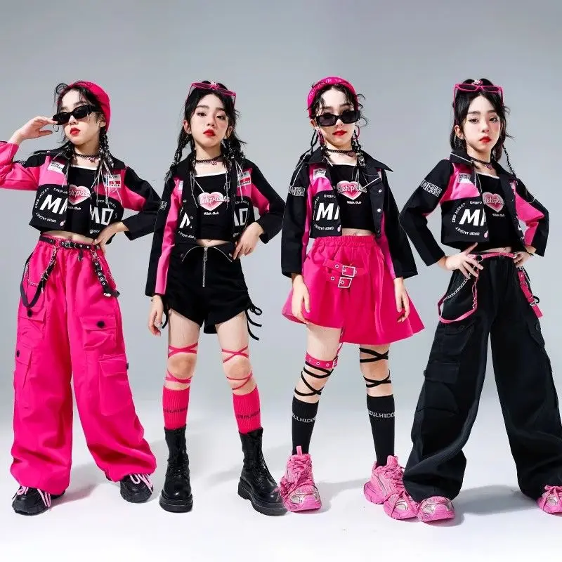 Veste de moto courte K-pop pour filles, pantalon Cargo en cuir brillant, short de danse de rue Hip Hop pour enfants, ensembles de vêtements pour enfants, Streetwear Jazz