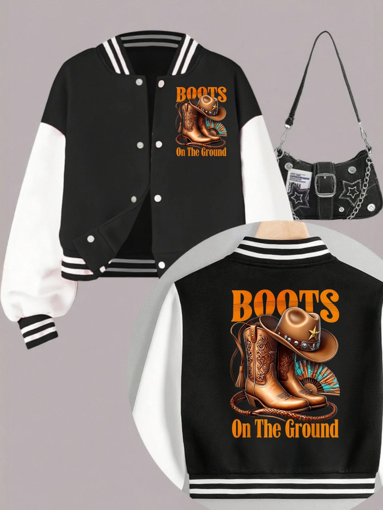 1PCS Autumn Winter Tween Girls Clothes  Boots On Da Ground Double Sided Print Short Cropped School Style Girl Baseball Jacket