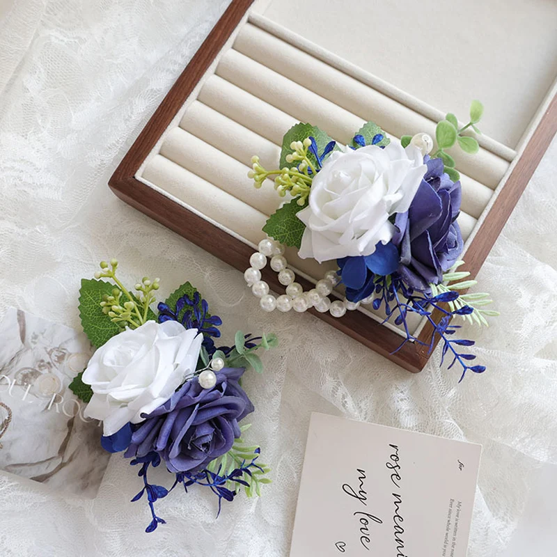 

25037 Deep Blue White Bohemian Rose Flower Boutonniere and Wrist Corsage Perfect for Brides Groomsmen and Wedding Decorations