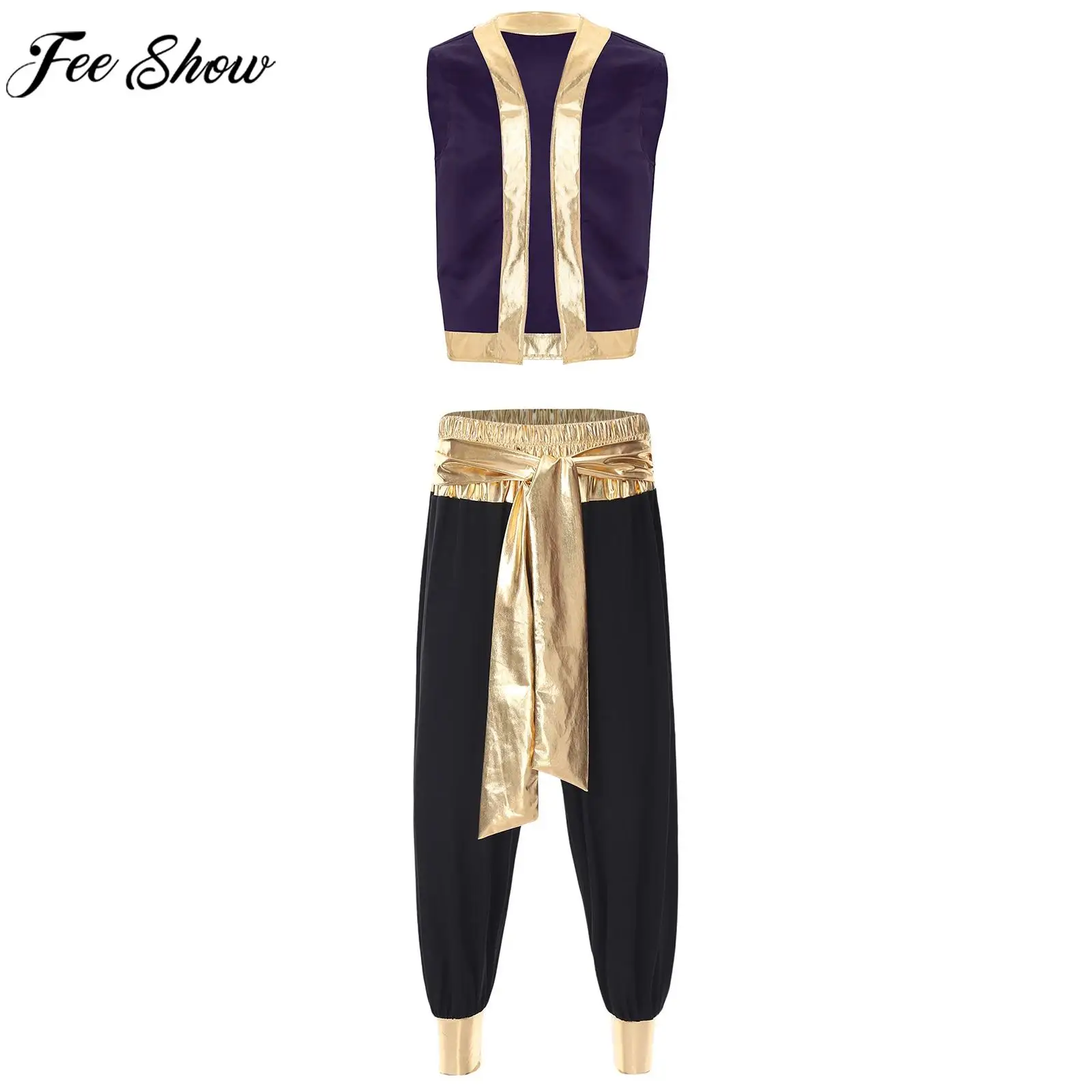 

Men Halloween Arabian Prince Cosplay Costume Carnival Theme Party Toad Role Play Clothes Open Front Vest Waistcoat with Pants