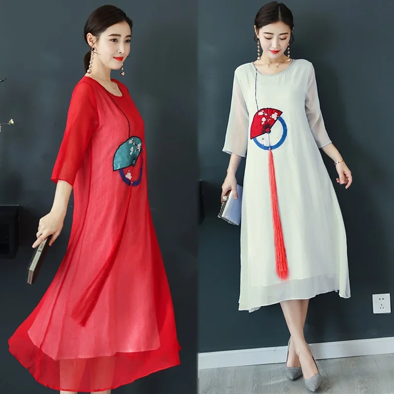 Elegant Chinese dresses Summer 2024 vintage robe femme cheongsam long dress loose Chinese casual dress qipao 11531