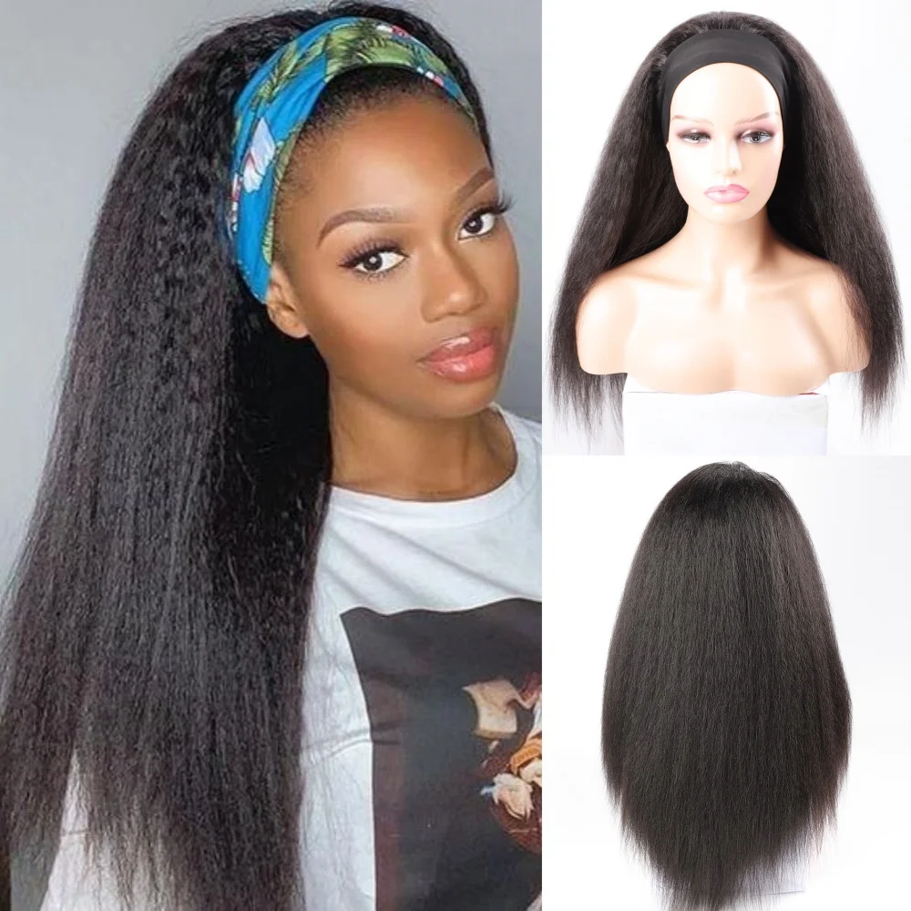 Afro Kinky Straight Synthetic Hair Wigs 22 Inch Long Synthetic Headband Wig Natural Black Yaki Straight Wigs with Black Headband