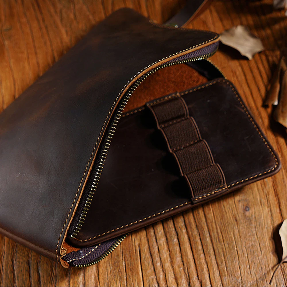 Vintage Leather Zippered Pen Case with Multiple Slots — Large Capacity Portable Stationery Organizer