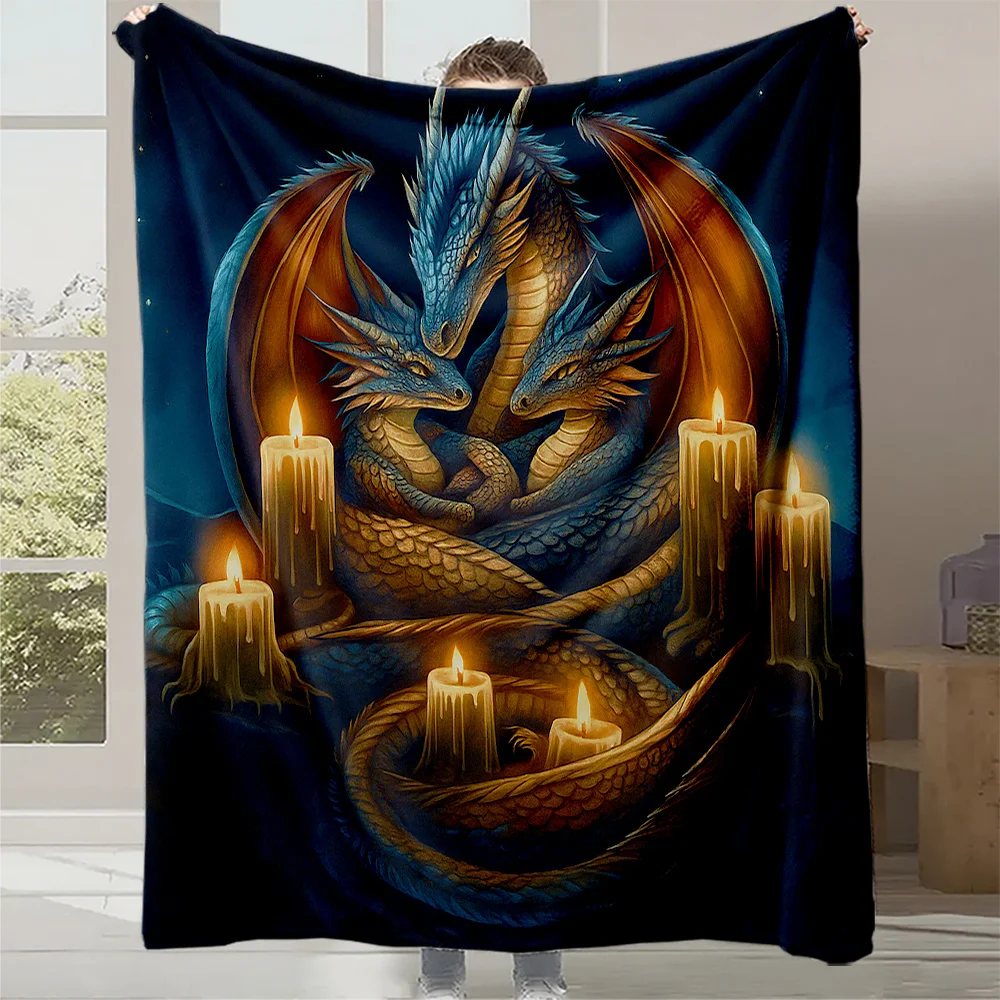 1pc Blue Dragon & Golden Celtic Knot Plush Fleece Blanket - Thick All-Season Bedspread with Majestic Dragon Print, Soft Quilted