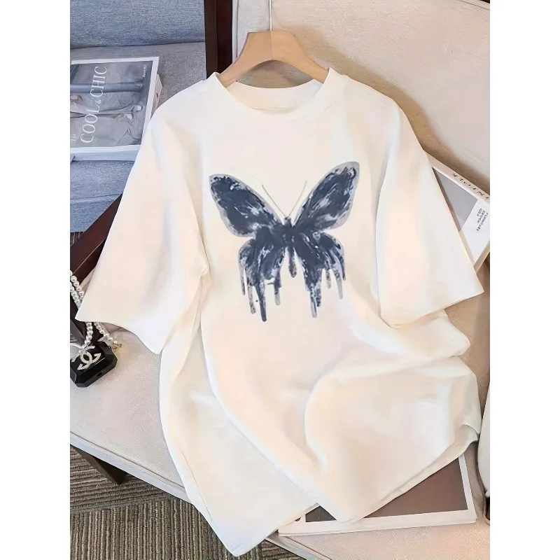 

Butterfly Print T-Shirt Short-Sleeve Crew Neck Casual Top Women's All-Season Printed Short-Sleeve Cotton Fashion T-Shirt
