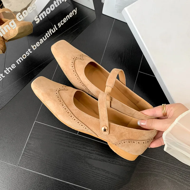 MKKHOU Fashion Women's Shoes New High Quality Suede Retro Mary Jane Shoes Square Headed Carved Low Heels Shoes Lightweight Shoes