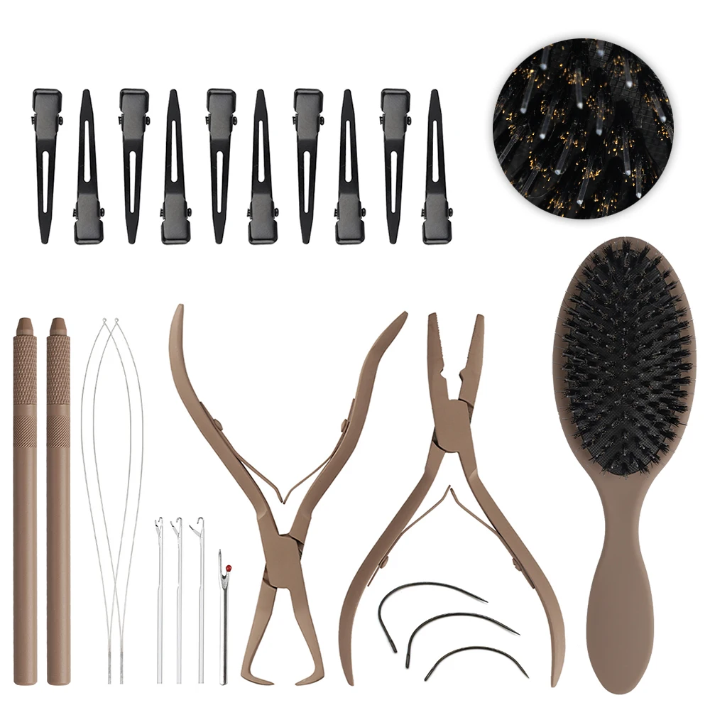 

ARLANY Hair Extension Pliers Kit Tan Color Nylon Teeth Boar Bristle Hair Brush for Women Grils Micro Beads Loop Needle Threader