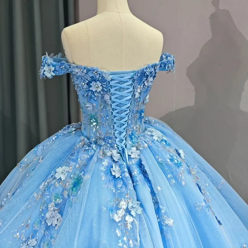 Sky Blue Princess Quinceanera Dresses Beads Appliques Hand 3D Flowers Beads Princess Ball Gowns Sweet 15 Party Wear Customized