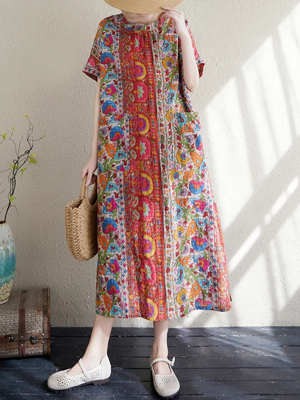 Vestido solto de linho de aodão estampado casual manga curta vestido f verão e em torno do pescoço emaecime...