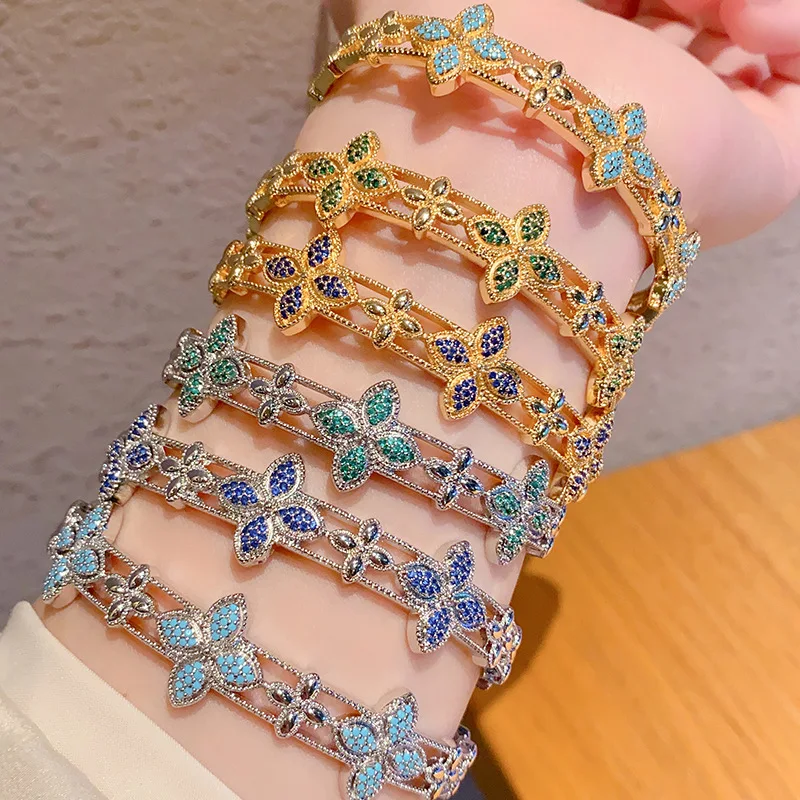 Kleeblatt-Design Luxus-Armreif mit Zirkonia, Offenes Blumen-Armband