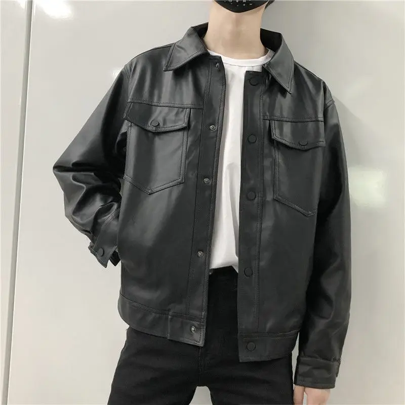 

New Men's PU Leather Jacket Short Cropped Korean Style Slim Fit Motorcycle Coat for Couples Fashionable Outdoor Jacket​
