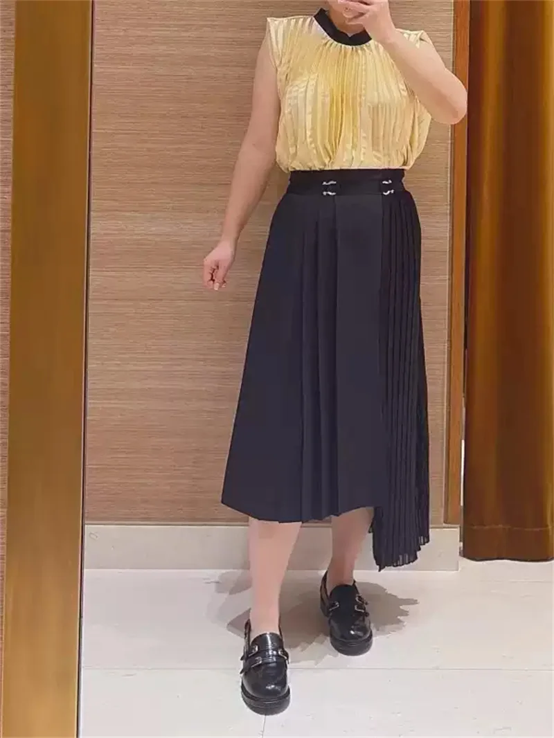 Fashionable Women High Waisted Pleated Skirt Metal Buckle Irregular Midi Jupe for Ladies Early Autumn