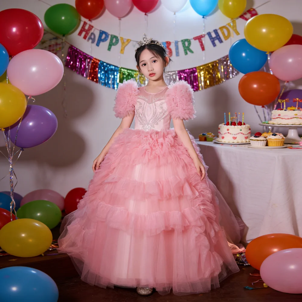 Pink Girls Birthday Dress with Train Puffy Party Celebration Gown Children Eid Gifts Princess Gown Kids Host Performance Formal