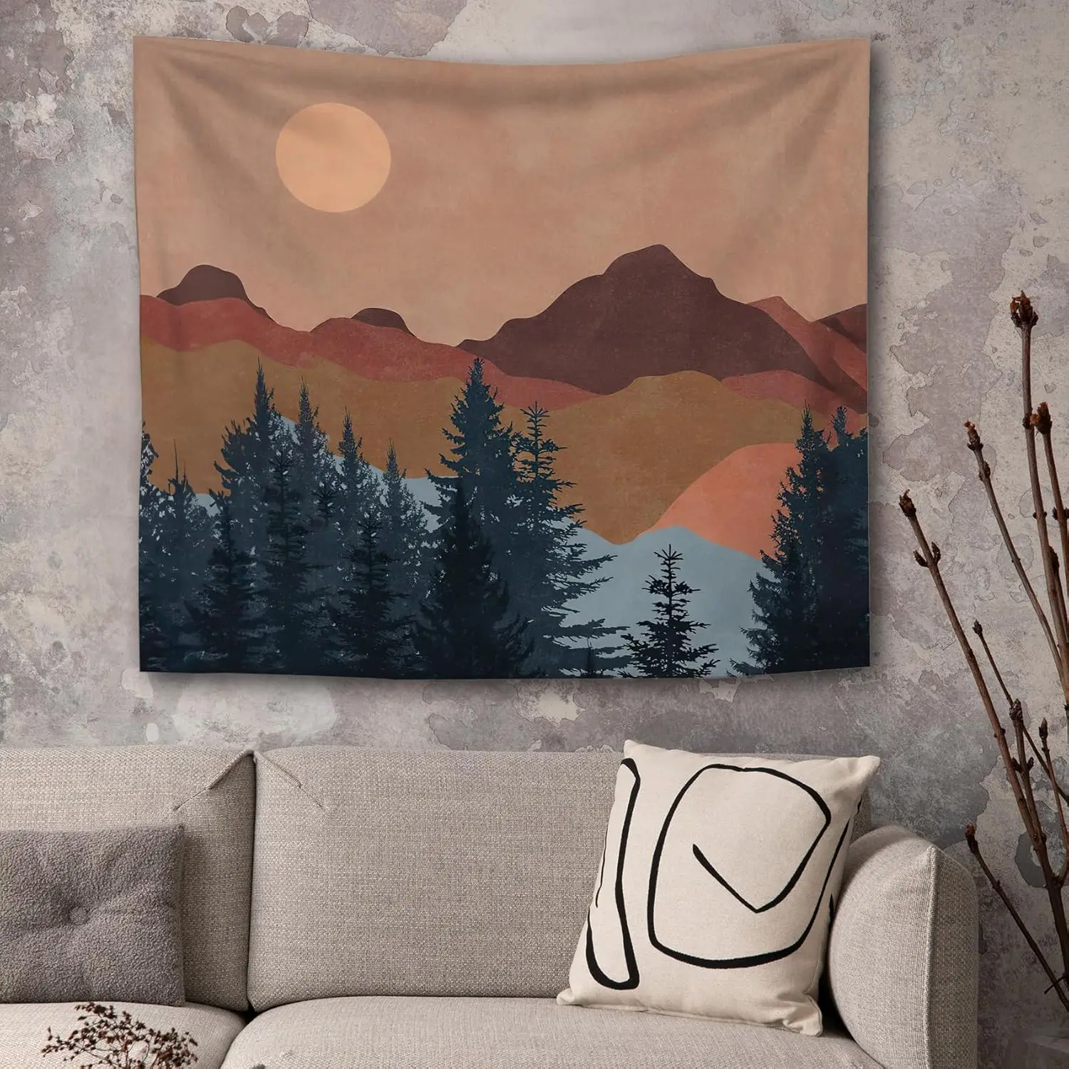 Tapiz abstracto de montaña y sol bohemio, tapiz de paisaje de madera de montaña Retro para colgar en la pared, tapices de pared modernos de mediados de siglo para