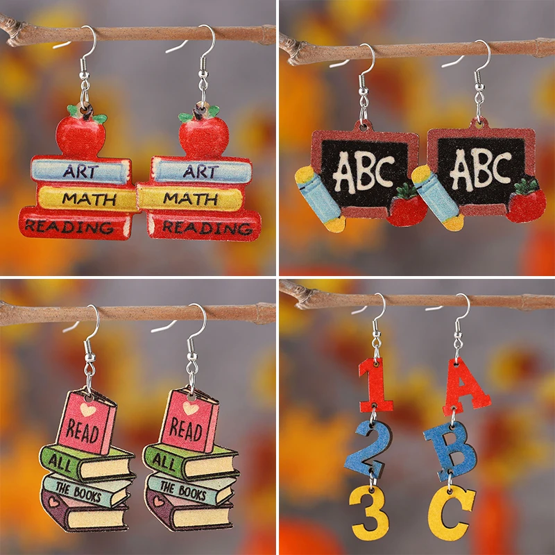 

3D Apple Textbook Earrings for the Opening Season Wooden Color Painting Love Book Number Letter Tassel Teacher Student Earrings