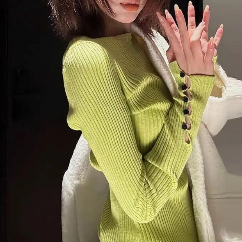 Women Round Neck Ribbed Knit Top Slim Fit Long Sleeve Cutout Cuff Base Shirt