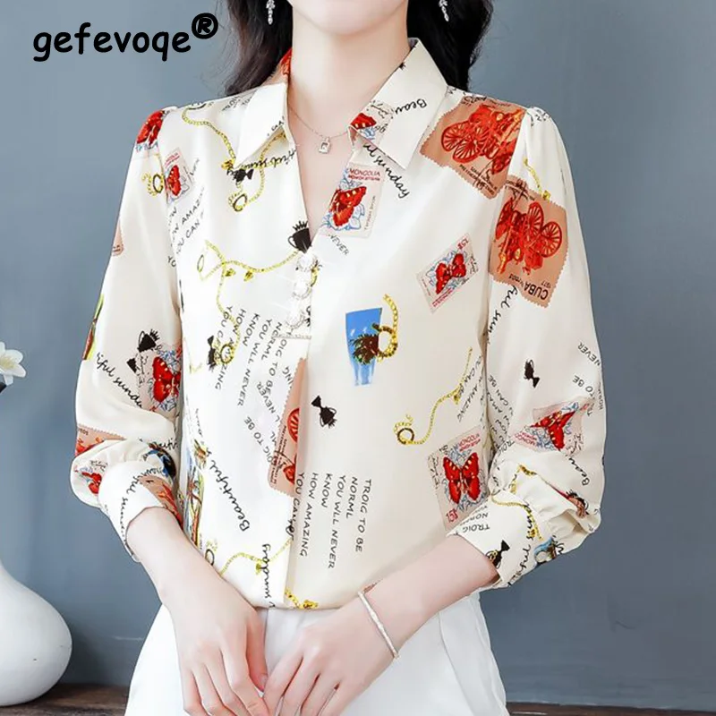 Versatile and Fashionable Long Sleeved Chiffon Shirt Turn-down Collar Multi-element Printing Diamonds Women\'s Pullover Blouses