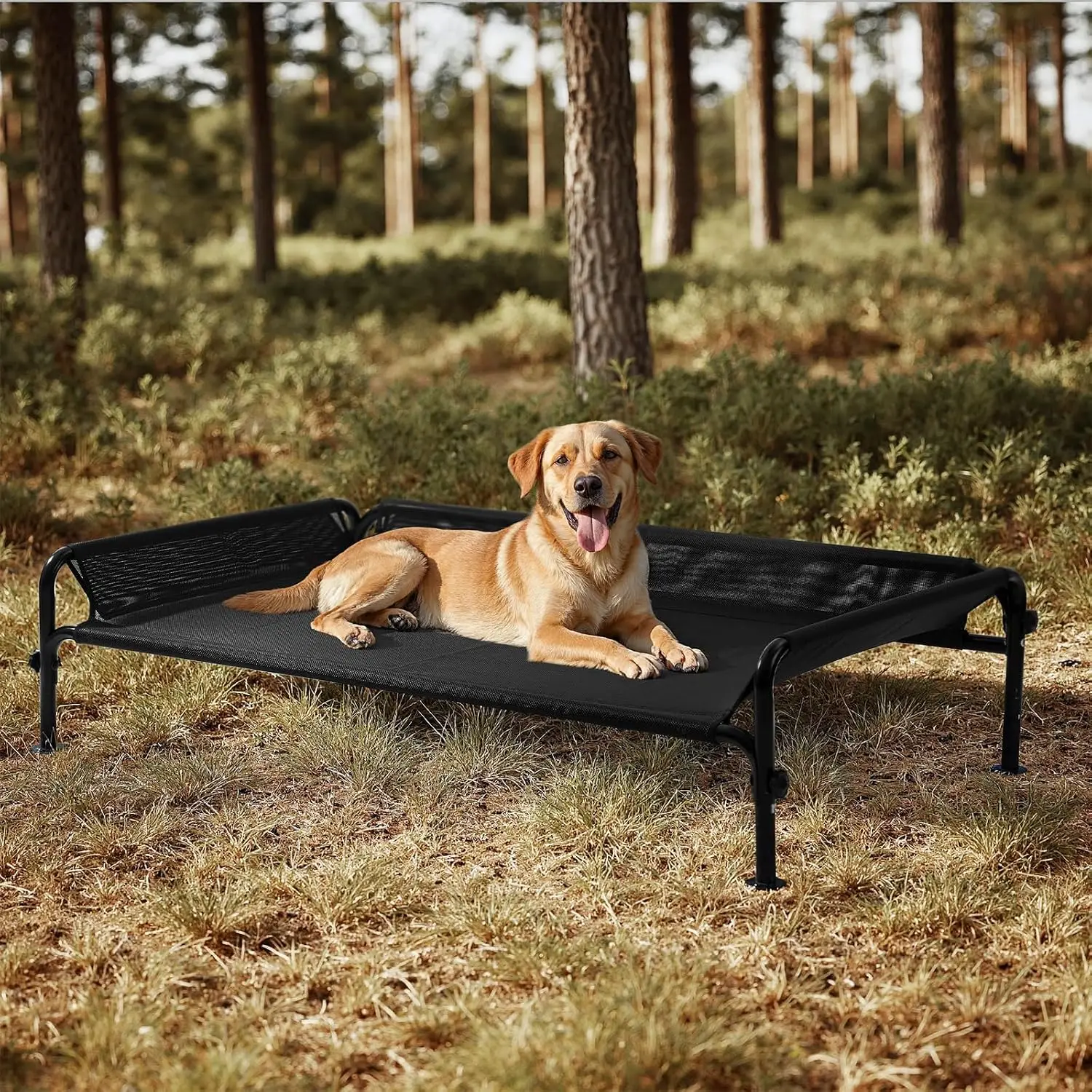 Lit surélevé pour chien, lit de camping respirant pour animaux de compagnie, structure robuste pour utilisation intérieure et extérieure, noir, taille L (124 x 76 x 30 cm)