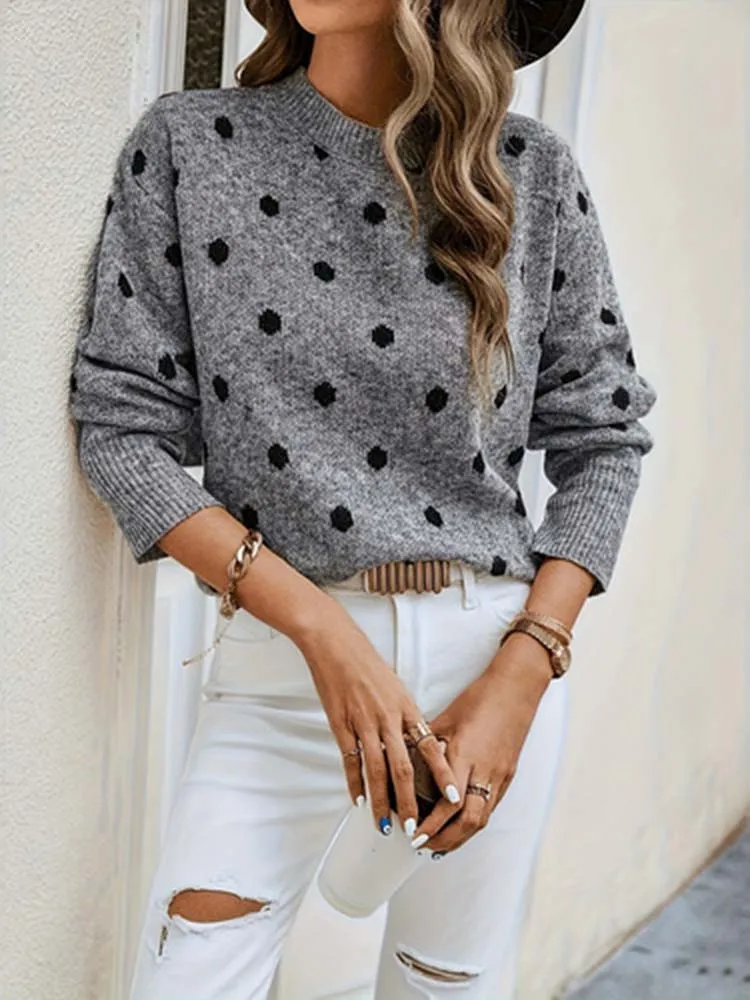 Prozessdesign für Damen-Rundhalspullover mit Kontrast- und Polka-Dot-Jacquardmuster; Wollpullover Geeignet für Tägliche Fahrten