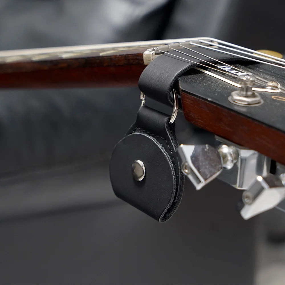Leather Guitar Pick Holder - Clip-on Headstock Pouch for Acoustic Electric Guitar Bass