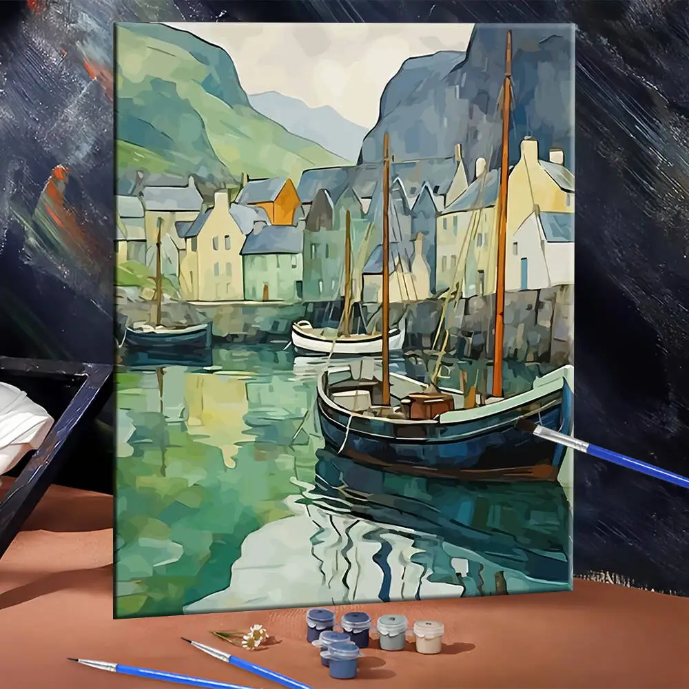 

DIY Digital Oil Painting House Boat Oil Painting By Numbers Landscape River Picture Artcraft On Canvas Kits Handpainted Gift