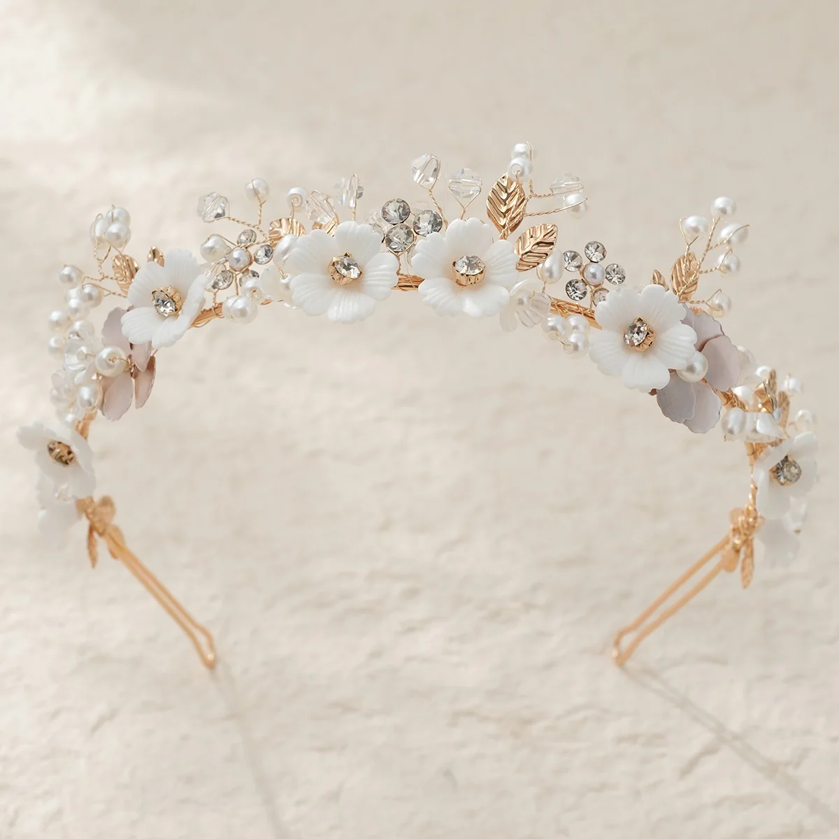 Elegant Vintage Bridal Tiara Gold Leaf White Porcelain 