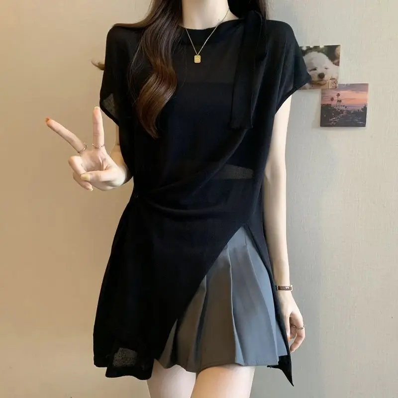 Stylish Irregular Split T-shirt Summer French Style Bow Drawstring Women's Clothing Solid Color Asymmetrical Basic Pullovers New