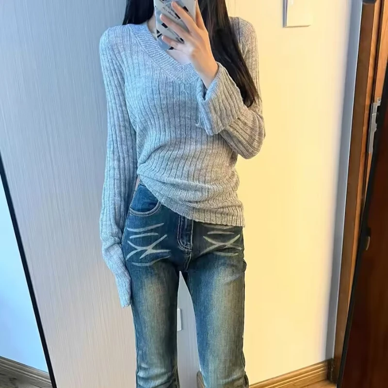 Knitting Versatile Pullover for Women Solid Spicy Girls Spring V-neck Long Sleeve Vintage Mature Simple Slouchy Harajuku Korean