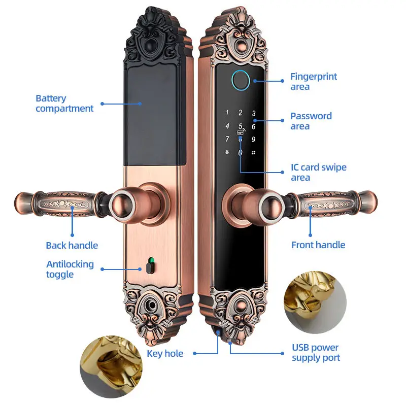European Style Luxury Fingerprint Password Main Door Lock TTlock TUYA App Access 5050 Single Latch Wood Steel Door Digital Lock