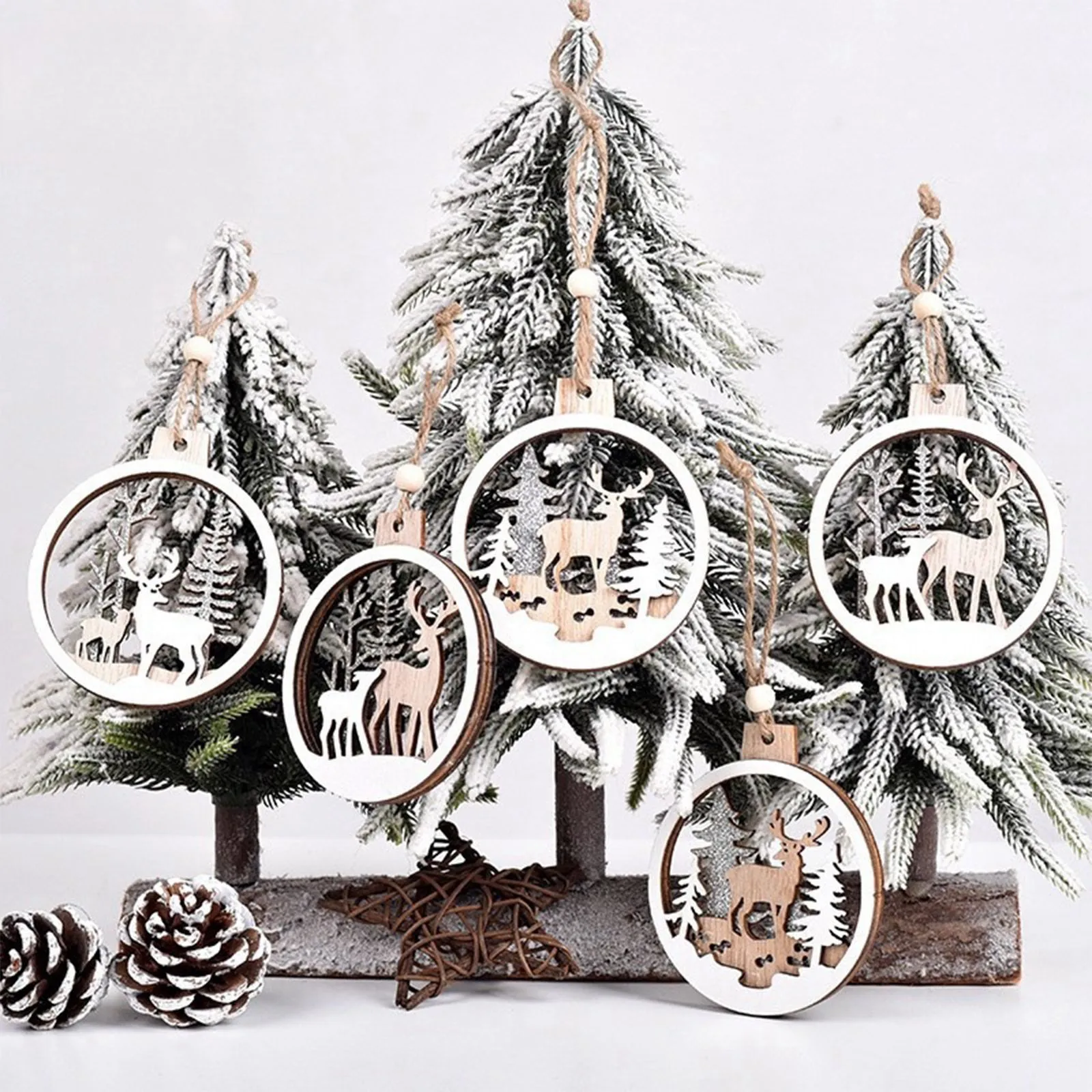 6 Pack Christmas Tree Wooden Small Ornaments Winter Wonder Land Ornaments For Winter Christmas Holiday Tree Decor Navidad